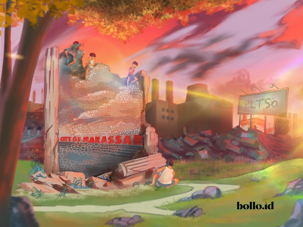 Ilustrasi pembangunan PLTSa di Makassar. Di mana pun titiknya dibangun, dikhawatirkan bakal berdampak pada masyarakat. Ilustrasi: Andi Muhammad Saleh untuk Bollo.id.