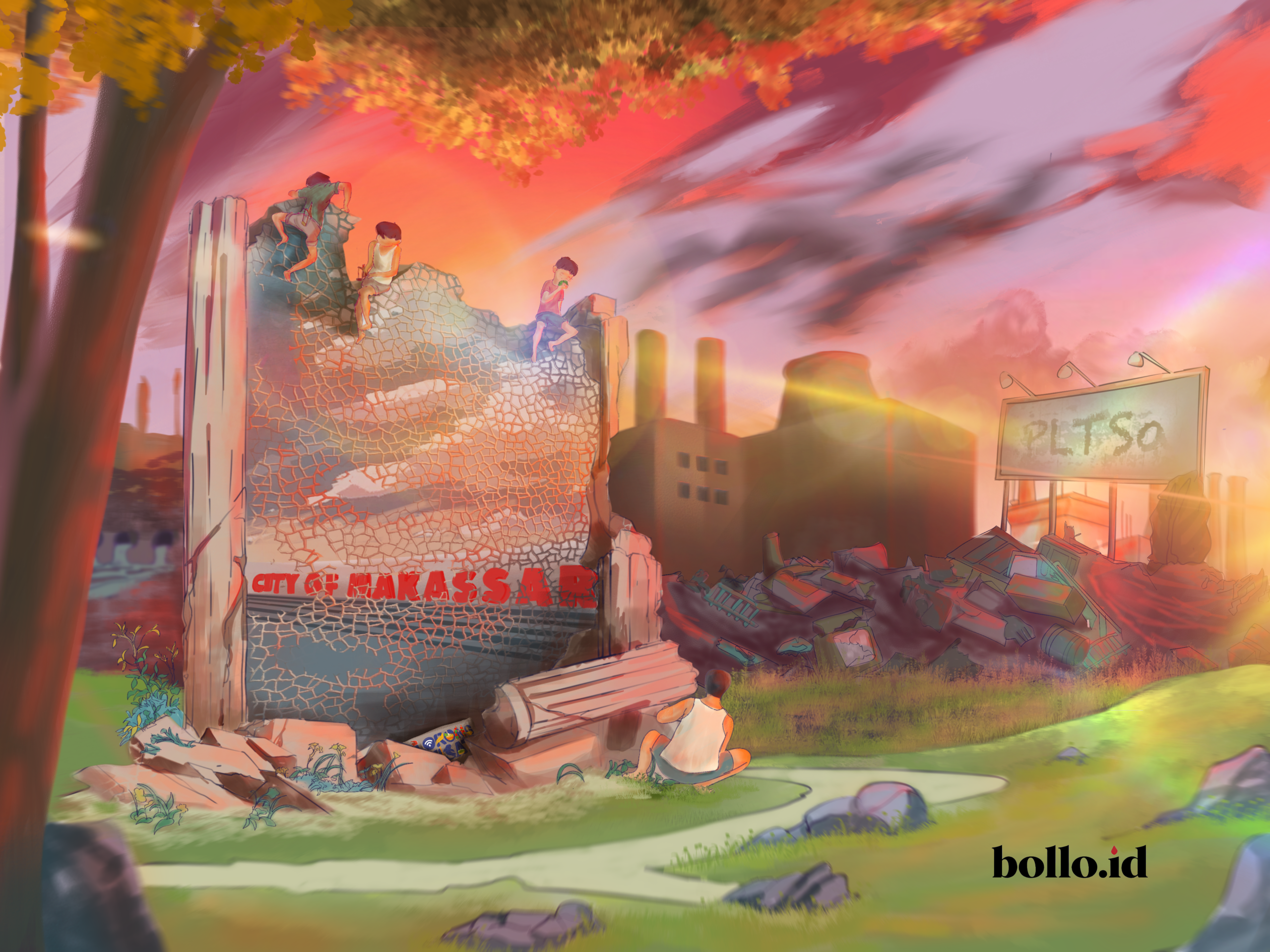 Ilustrasi pembangunan PLTSa di Makassar. Di mana pun titiknya dibangun, dikhawatirkan bakal berdampak pada masyarakat. Ilustrasi: Andi Muhammad Saleh untuk Bollo.id.